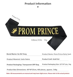 Detail of Prom Prince black satin sash with gold stamping and size specifications
