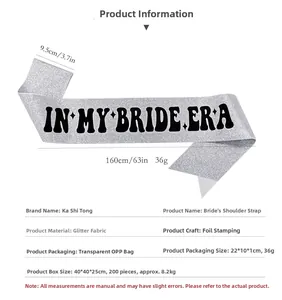 Silver glitter bride sash with black In My Bride Era text including product dimensions