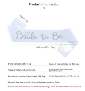 White satin Bride to Be sash with silver glitter lettering for bridal shower parties
