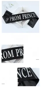 Detail of black satin Prom Prince sash featuring shiny silver foil stamped lettering