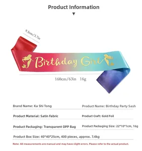 Detailed view of rainbow gradient Birthday Girl sash with gold lettering and dimensions