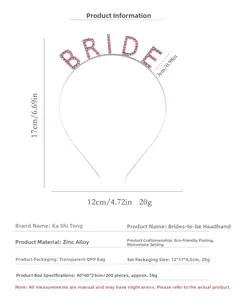Detailed dimension guide for silver BRIDE headband with pink rhinestones for bridal parties