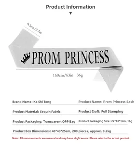 Detail showing dimensions and silver glitter fabric texture of Prom Princess sash