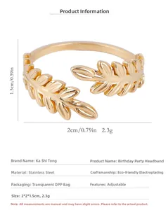 Detailed view of adjustable golden leaf ring showing 2cm diameter and 2.3g weight