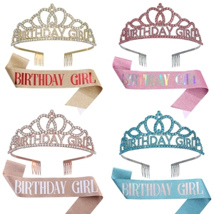 Birthday Girl crown and sash set in four colors: champagne, pink, rose gold, and blue