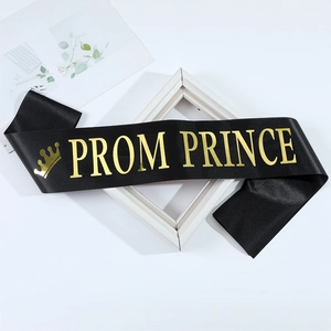 Black satin PROM PRINCE sash with gold foil lettering and crown for graduation party