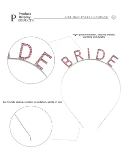 Detail of silver bride headband featuring pink rhinestones and smooth metal tips
