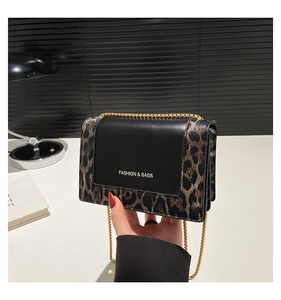 Close-up of leopard print patchwork crossbody bag with gold chain strap and silver text