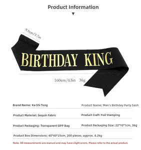 Detail view of black glitter Birthday King sash with gold stamping for party decoration