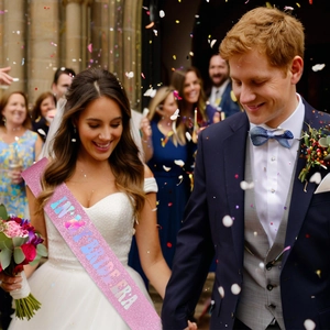 Pink glitter 'IN MY BRIDE ERA' sash worn by a bride celebrating at a wedding party