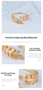 Macro shot of minimalist adjustable leaf ring in gold-plated stainless steel texture