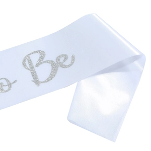 White satin Bride to Be sash with silver glitter lettering for wedding parties
