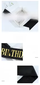 Detail of BIRTHDAY KING sash featuring gold foil lettering on black glitter fabric