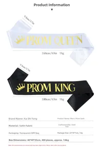 Detailed size specifications for satin Prom King and Queen sashes with gold foil lettering