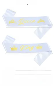 Detail showing dimensions of white satin King and Queen party sashes with gold foil lettering