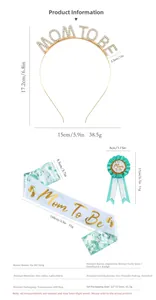 Detailed view of Mom To Be sash and rhinestone headband set with product dimensions