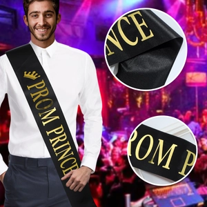 Black satin PROM PRINCE sash with gold crown print for graduation party dress-up accessory