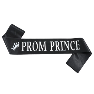 Elegant black satin Prom Prince sash with white lettering and a crown icon for graduations