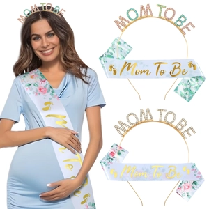 Kit Décoration Baby Shower Mom To Be Serre-tête En Alliage De Zinc Strass Et Écharpe En Satin Floral Pour Fête