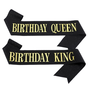 Glittery black birthday sash set with gold Birthday King and Queen lettering