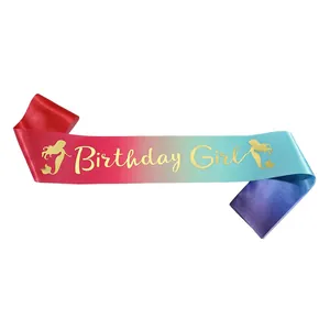 Gradient Birthday Girl sash with mermaid design and gold lettering for party
