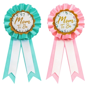 Pink and mint Mom To Be baby shower rosettes with pleated ribbons and gold glitter