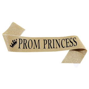 Champagne gold glitter Prom Princess sash with black crown print for party events