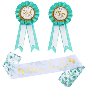 Baby Shower Mom Dad To Be Sash Badge Kit Satin Floral Printed Gold Foil Lettering Gender Reveal Party Celebration Accessory