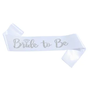 White satin Bride to Be sash with silver glitter lettering for bachelorette parties