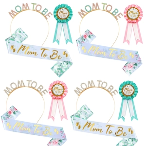 Mom To Be baby shower set with glitter headband, floral ribbon sash and badge