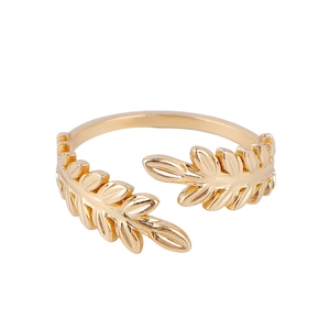 Minimalist golden leaf open ring with adjustable laurel design in stainless steel