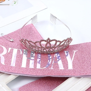 Pink birthday sash with white text and sparkling silver rhinestone tiara crown set