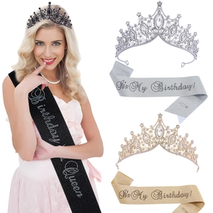 Fascia Birthday Queen e Tiara con Strass Corona in Lega Tessuto Glitter Decorazioni per Feste di Compleanno Donna Ragazza