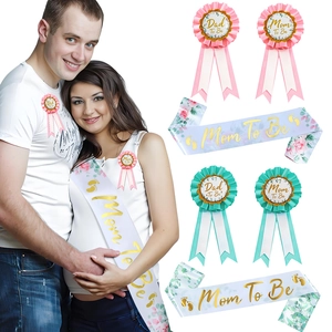 Baby Shower set with Mom To Be sash and floral printed badges in pink and mint green