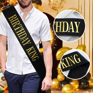 Men's black and gold birthday king sash with glitter fabric for party decorations
