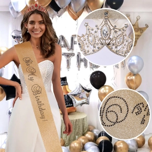 Set compleanno con tiara dorata di strass rossi e fascia glitterata con scritta