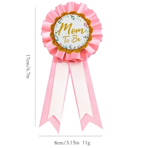 Pink Mom To Be flower badge for baby shower with size markings and gold floral print