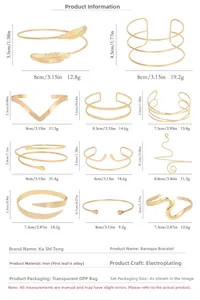 Tableau des tailles détaillé pour 11 bracelets de bras baroques dorés en métal poli