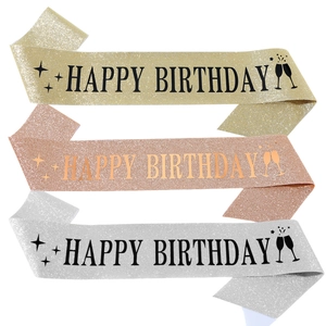 Three glitter birthday sashes in gold, rose gold and silver with Happy Birthday text