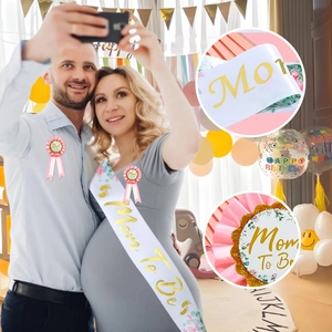 Pink and white Baby Shower set with Mom To Be sash and matching parent badges