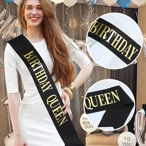Glittery black birthday queen sash with gold foil lettering for women birthday party