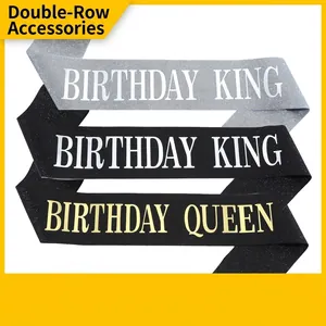 Glitter birthday king and queen sashes in silver and black with gold and white lettering
