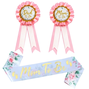3-piece baby shower set with Mom To Be sash and matching floral rosette badges