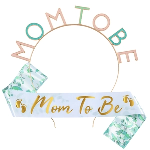 Colorful Mom To Be sash and gold metal headband set for baby shower party celebrations