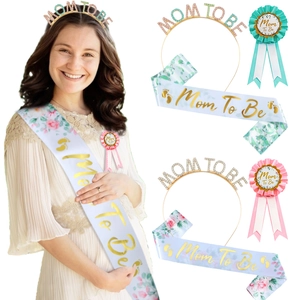 Mom To Be Baby Shower Decoration Set Alloy Rhinestone Tiara Floral Satin Sash Pleated Badge For Pregnant Women Party Gift