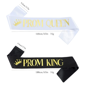 Prom King and Queen satin sashes in black and white with elegant gold foil lettering