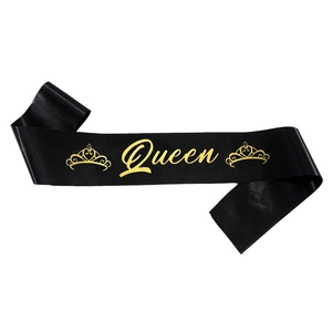 Elegant black satin Queen sash with gold crown graphics for birthday party celebrations