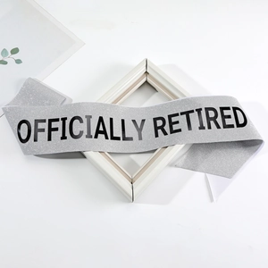 Silver glitter officially retired sash for retirement party decorations with black lettering