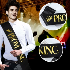 Prom King black satin sash with gold foil lettering and crown icon for prom party