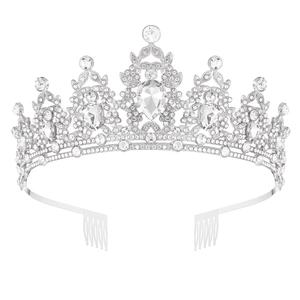 Classic silver alloy bridal crown with teardrop crystals and secure side combs